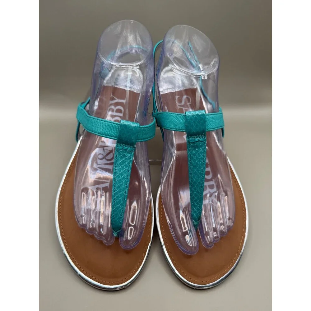 Sam & Libby Turquoise Teal Silver T-Strap Flat Sandals Size 9